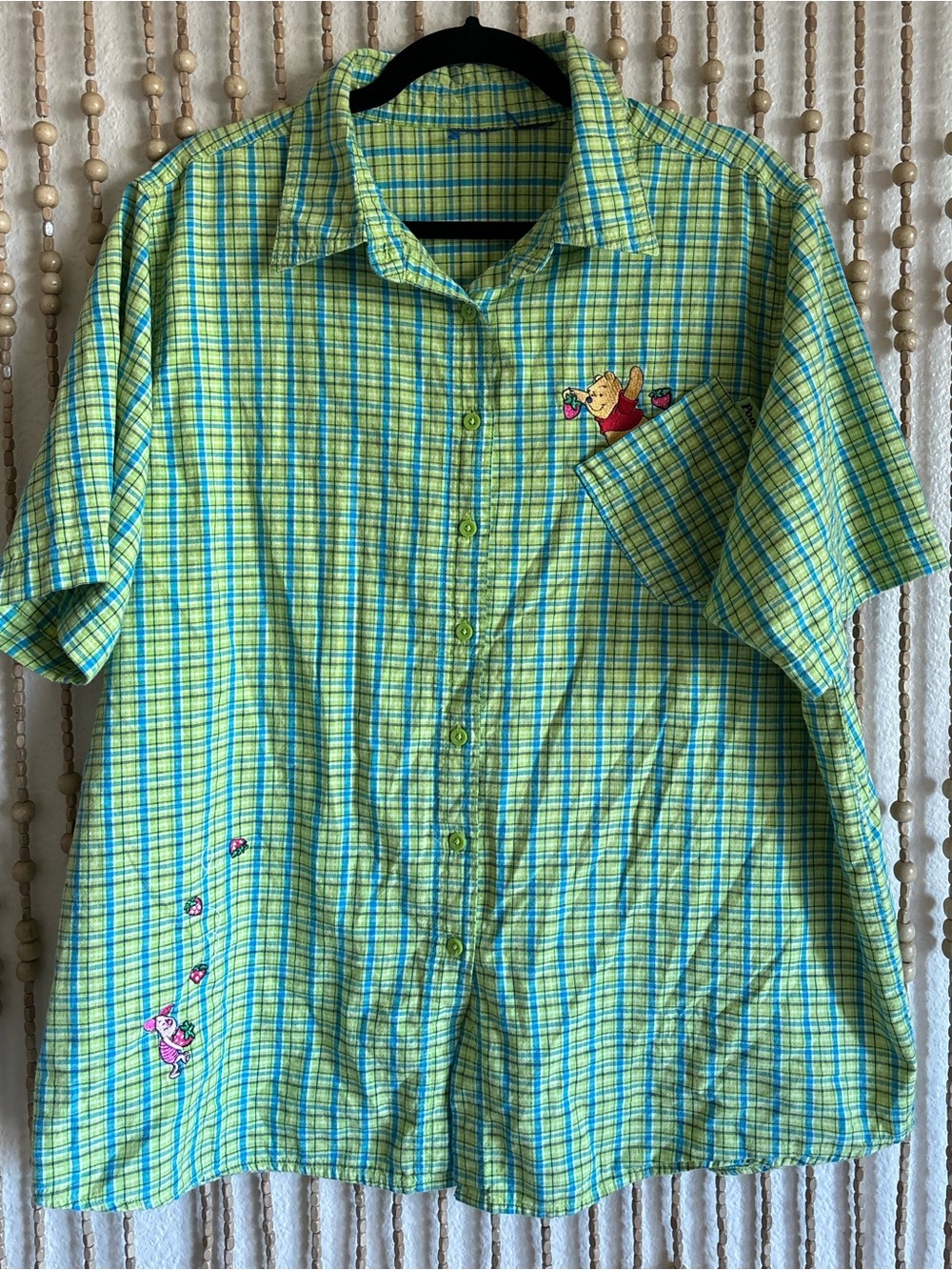 Vintage Disney Store Winnie The Pooh & Piglet Embroidered Green Blue Plaid T XL